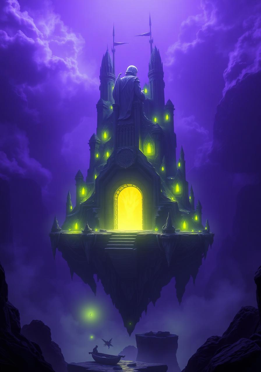 Stylized floating fortress with a glowing acid-yellow portal